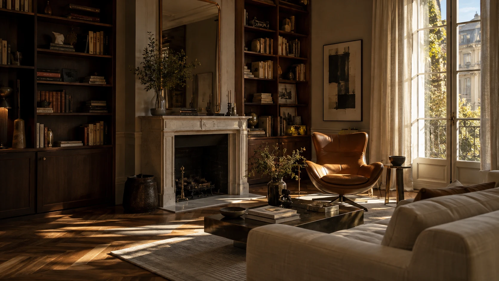 Salon de caractère avec bibliothèque en bois sombre, fauteuil cognac et lumière dorée